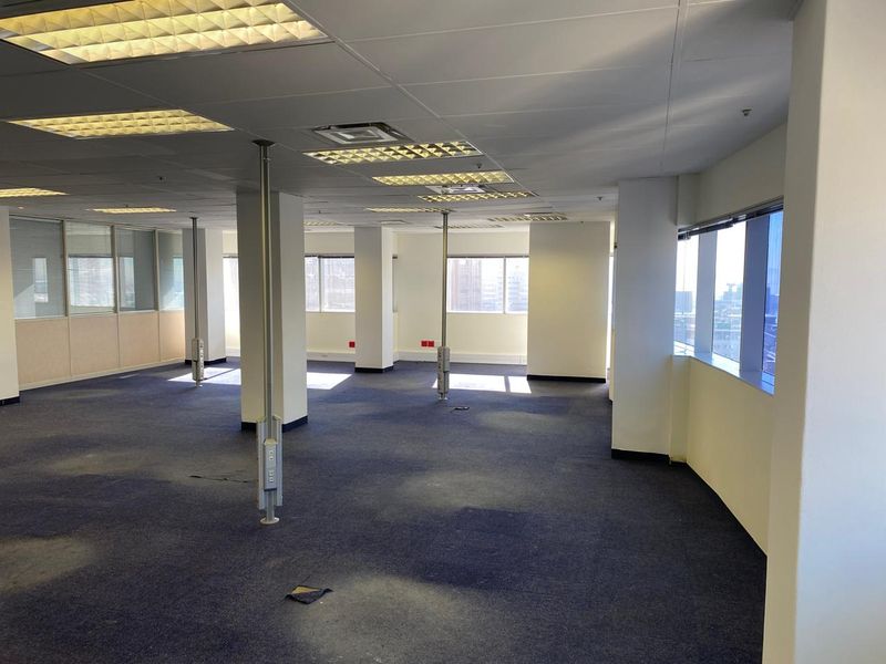 Spacious open-plan office area featuring large windows, suspended ceilings with recessed lighting, and carpeted flooring throughout.