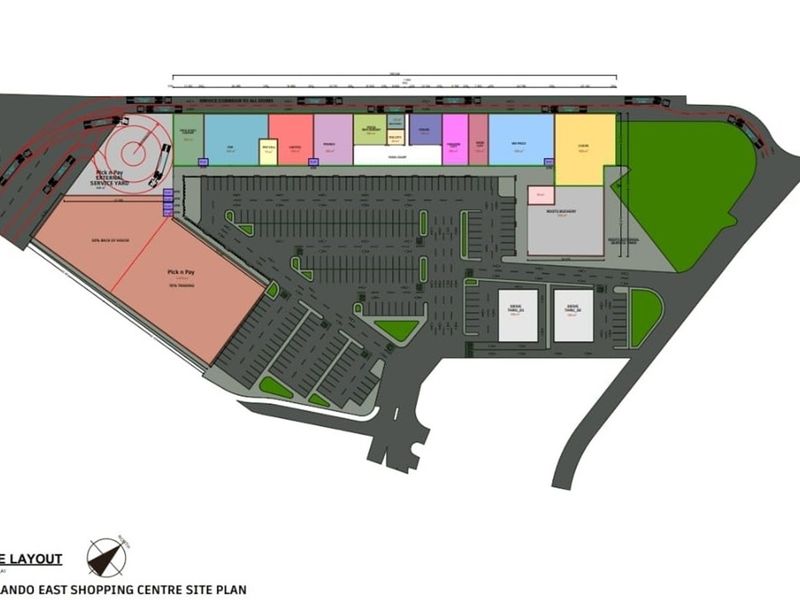 Site layout plan for Orlando East Shopping Centre, detailing parking, service areas, and retail unit placement.