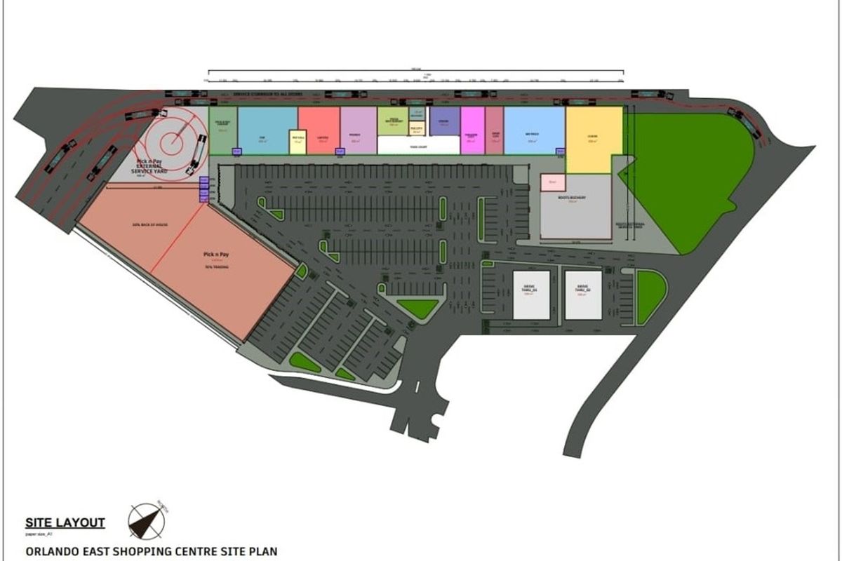 Site layout plan for Orlando East Shopping Centre, detailing parking, service areas, and retail unit placement.