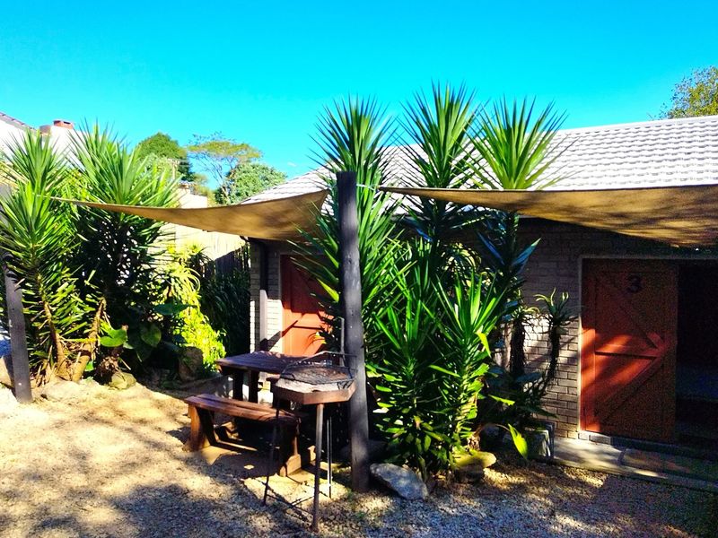 A shaded outdoor patio area featuring a brick exterior wall, tiled roof, and established garden landscaping, providing a functional space for outdoor relaxation.