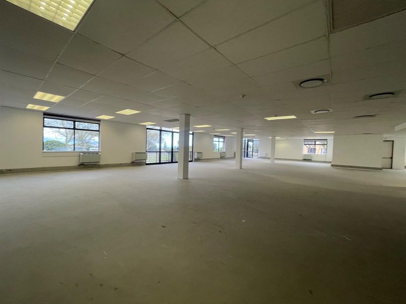 A large, open-plan office space featuring suspended ceilings, recessed lighting, and multiple windows providing natural light throughout the vacant floor area.