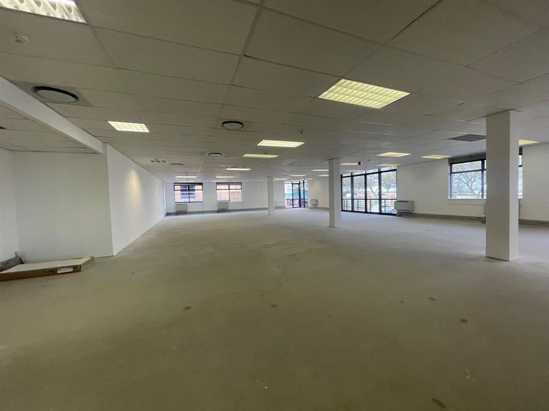 A spacious, open-plan office area featuring a suspended ceiling, recessed lighting, and large windows providing ample natural light.