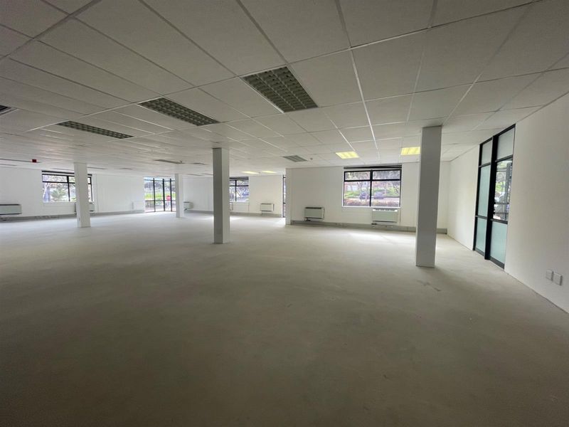 A spacious, open-plan office area featuring a suspended ceiling, recessed lighting, structural columns, and large windows providing ample natural light.