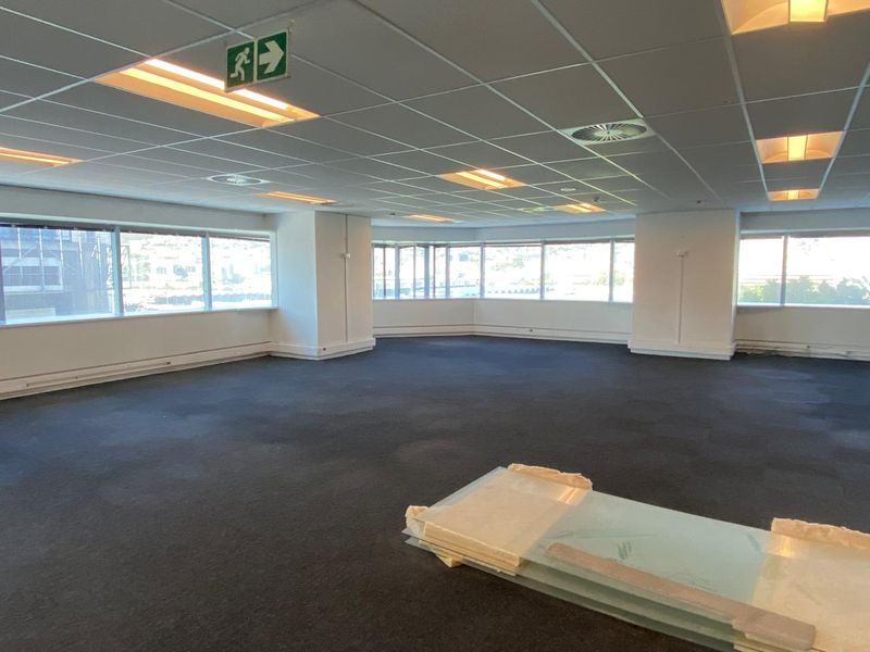 Spacious open-plan office area featuring large windows, suspended ceilings with recessed lighting, and dark carpeting, offering a versatile workspace.