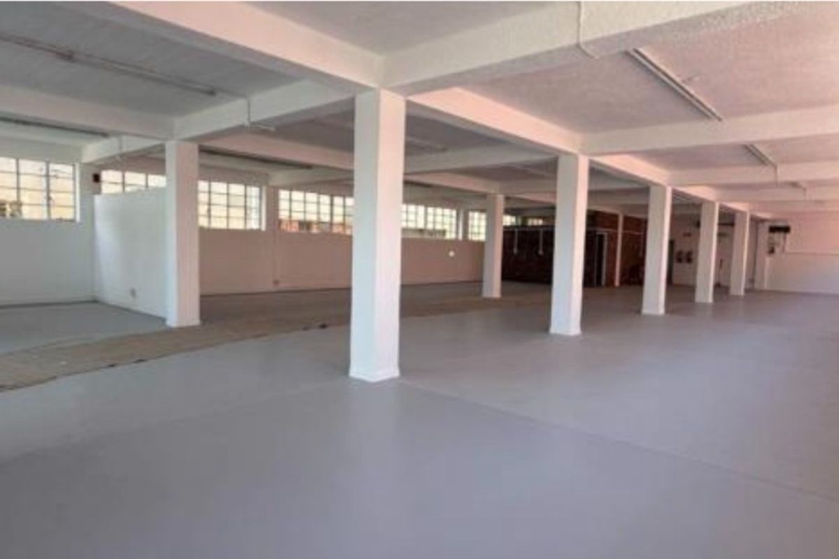 Spacious open-plan industrial warehouse area featuring polished concrete floors, structural concrete columns, and large steel-framed windows providing ample natural light.