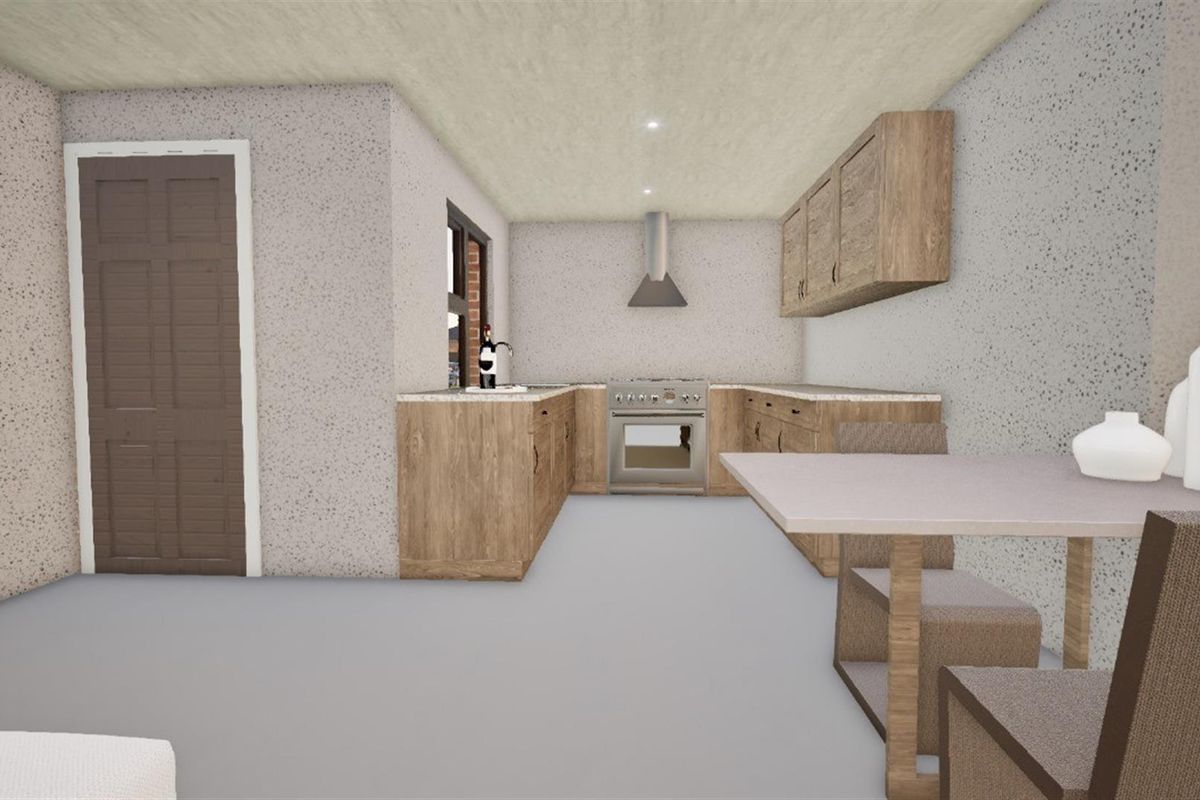 A kitchen area featuring wooden cabinetry, a built-in oven, and a stainless steel extractor fan.