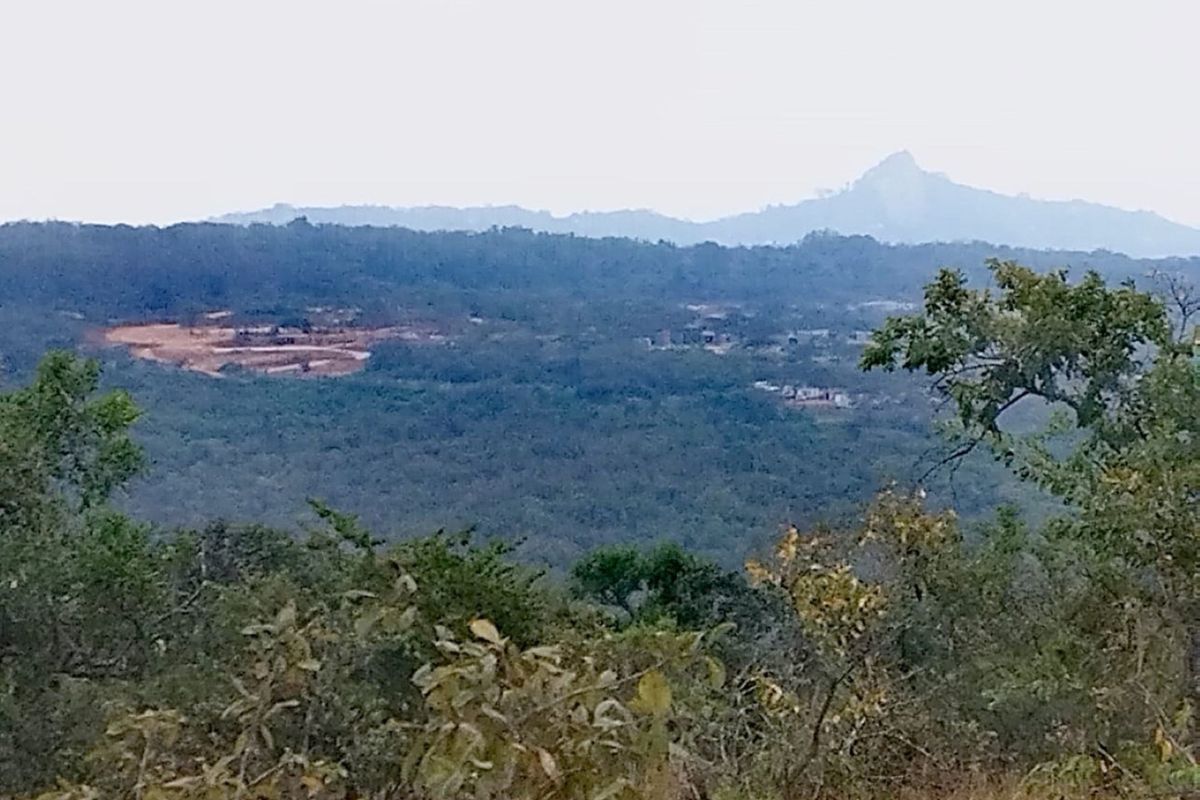A scenic landscape view overlooking a forested valley with distant mountains and rolling hills.