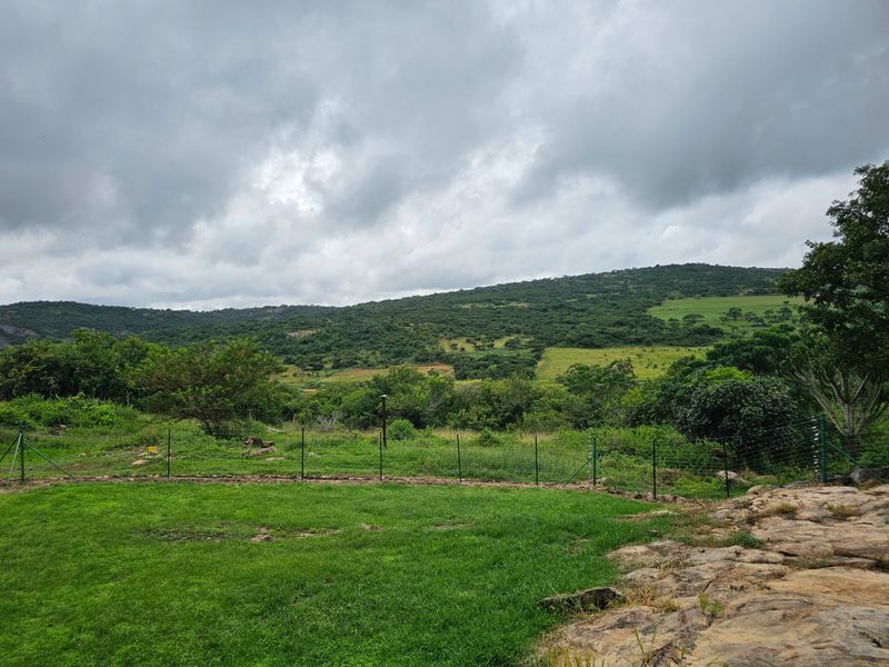 A scenic view of the surrounding natural landscape, featuring rolling green hills, indigenous vegetation, and a fenced perimeter.