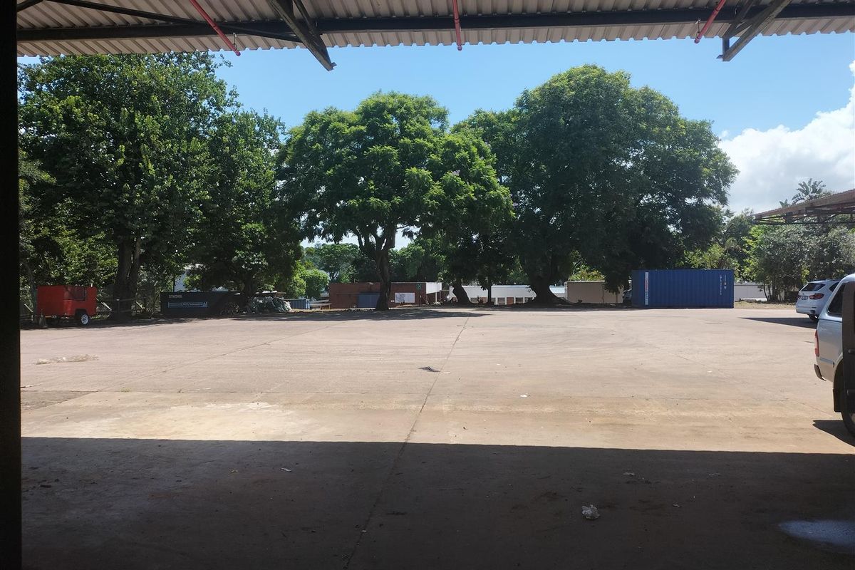 Expansive industrial yard area featuring a large concrete hardstand, covered loading bay canopy, and mature trees providing perimeter screening.