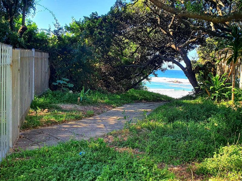 A scenic pathway leading through coastal vegetation towards the ocean, featuring metal perimeter fencing and natural landscaping.