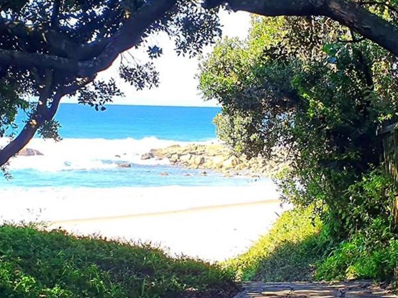 A scenic view of the coastline and beach, framed by mature trees and natural vegetation, highlighting the property's proximity to the ocean.