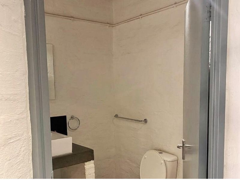 A compact bathroom featuring a concrete vanity with a vessel sink, a standard toilet, and exposed surface wiring on the walls.