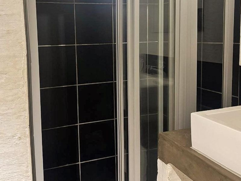 A modern bathroom featuring a shower enclosure with black wall tiles and a vessel sink set on a concrete vanity top.