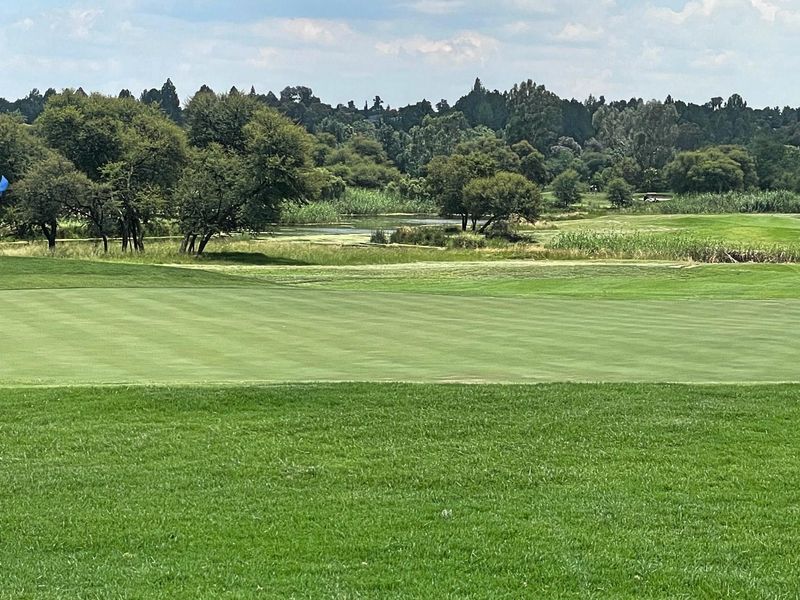 A scenic view overlooking a well-maintained golf course with lush green fairways, mature trees, and a natural water feature in the background.