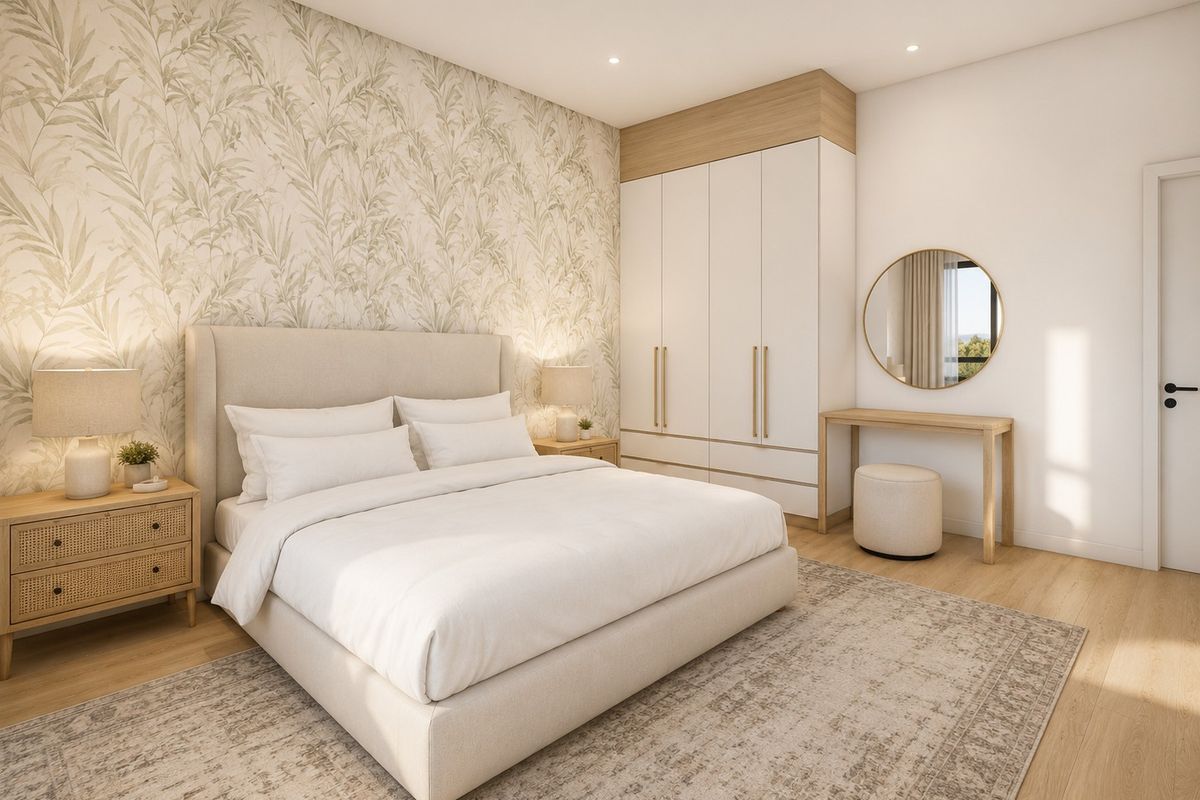 A modern, well-lit bedroom featuring a built-in wardrobe, timber flooring, and a decorative wallpaper feature wall.