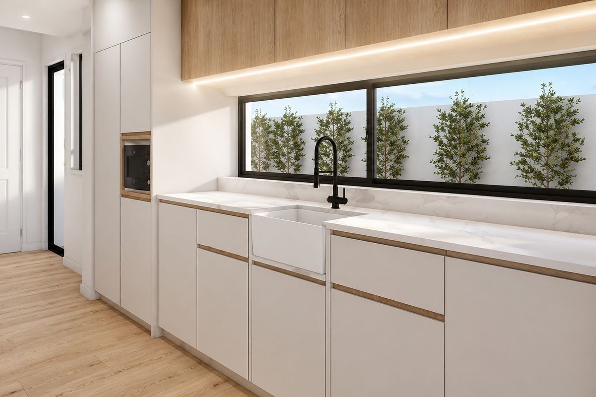 Modern kitchen featuring sleek white cabinetry, timber accents, stone benchtops, an apron-front sink, and integrated appliances with under-cabinet lighting.