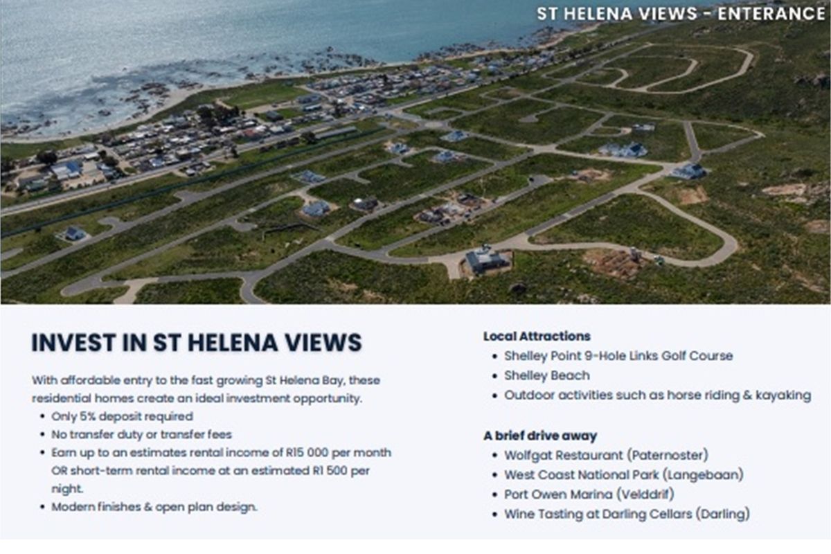 Aerial view of the St Helena Views residential development, showcasing the coastal location, road infrastructure, and surrounding landscape.