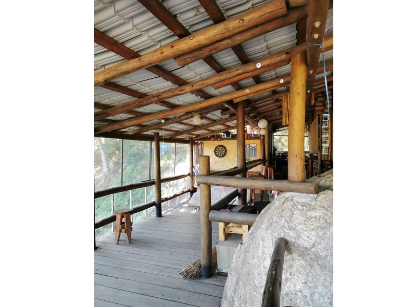 A rustic covered patio featuring timber pole construction, wooden decking, and integrated glass paneling, offering an open-air feel with natural structural elements.