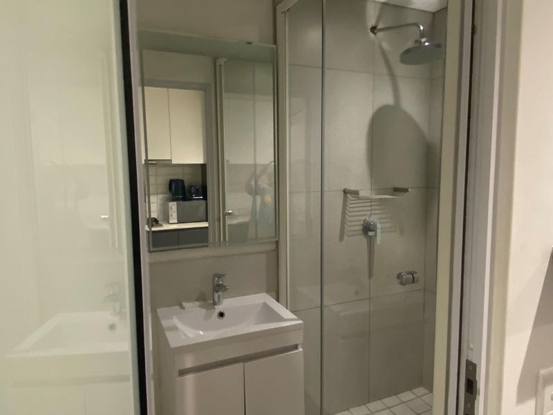 A compact modern bathroom featuring a glass-enclosed shower, a wall-mounted vanity with a basin, and a mirrored cabinet.