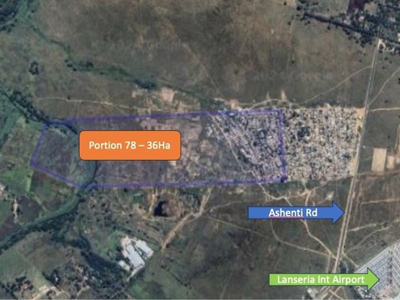 Aerial view of the 36-hectare vacant land parcel, highlighting its location near Ashenti Road and Lanseria International Airport.