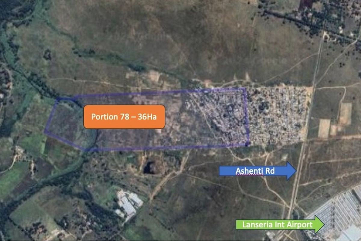 Aerial view of the 36-hectare vacant land parcel, highlighting its location near Ashenti Road and Lanseria International Airport.
