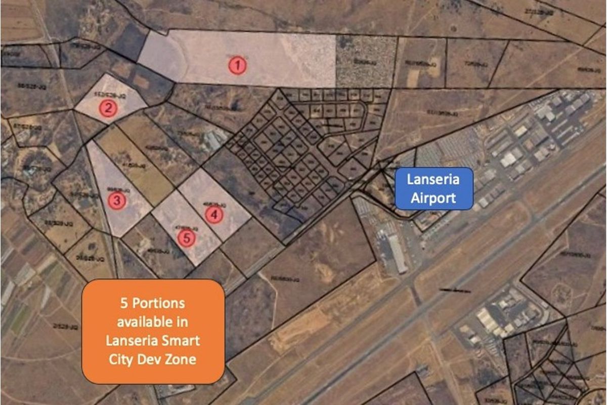 Aerial view of five land portions available for development within the Lanseria Smart City development zone, located near Lanseria Airport.