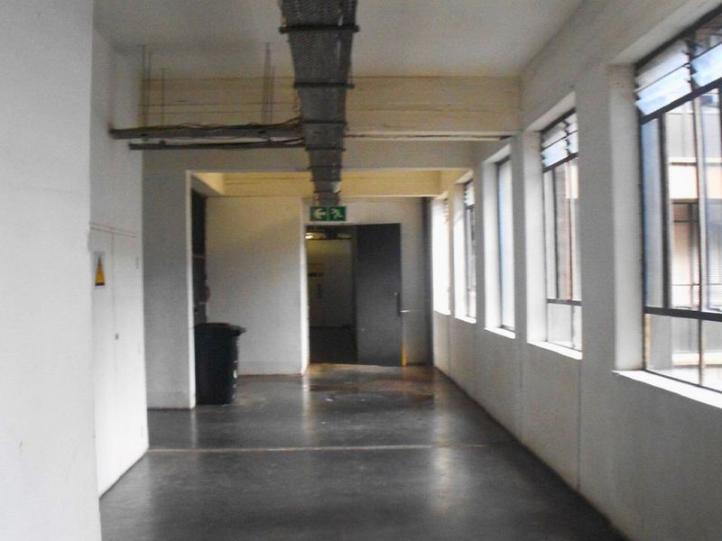 A utilitarian industrial-style hallway featuring exposed overhead cable trays, steel-framed windows, and concrete flooring, presenting a functional but dated aesthetic.