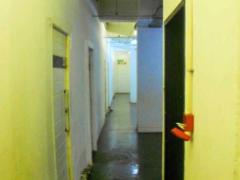 A narrow, utilitarian apartment hallway featuring exposed electrical conduit, basic flush panel doors, and dated wall finishes.