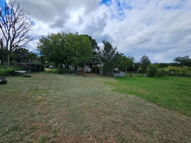 A wide-angle view of a large, open garden area on a small holding, featuring mature trees, grass lawn, and perimeter fencing.