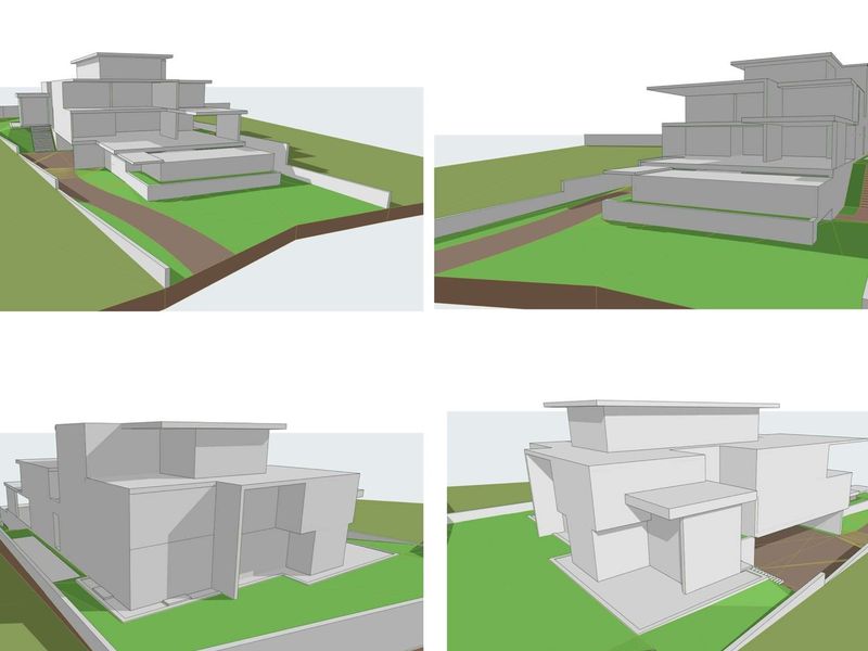 A digital architectural rendering showing multiple perspectives of a proposed residential building design on a vacant plot.