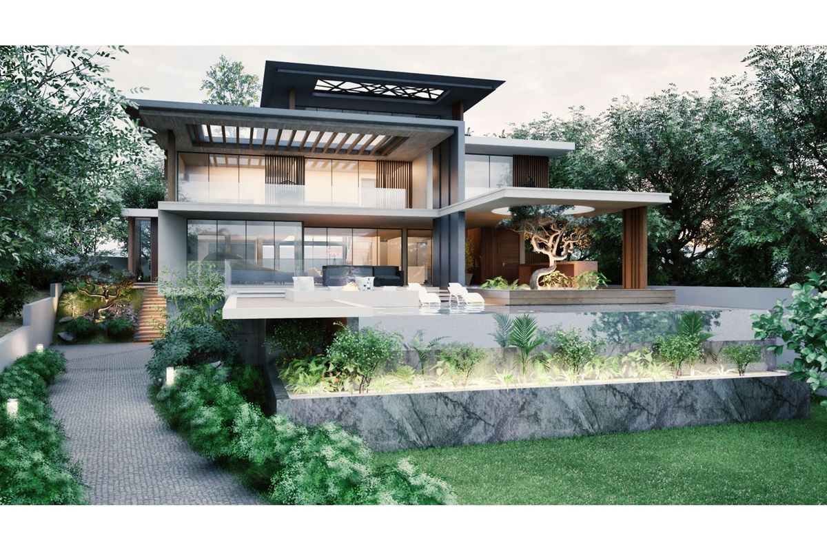 A modern luxury residence featuring a multi-level rear exterior with a swimming pool, expansive terrace, and sophisticated architectural landscaping.