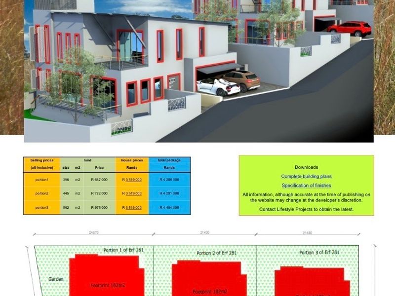 A promotional marketing flyer featuring architectural renderings of residential units, a pricing table, and a site layout plan for the development.