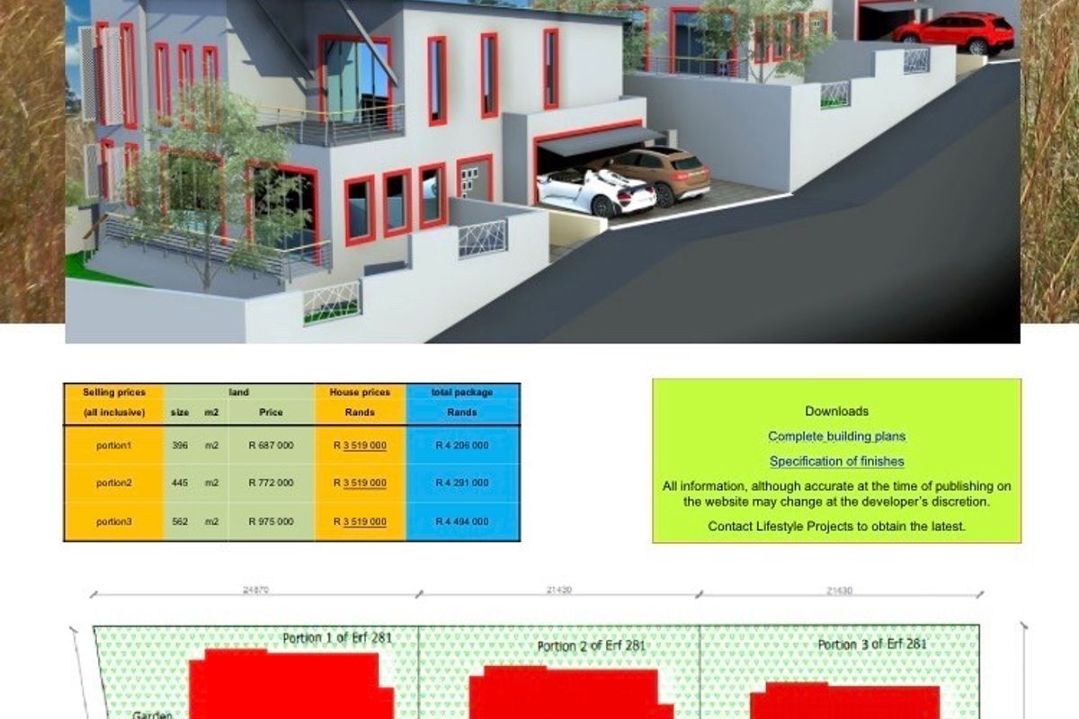 A promotional marketing flyer featuring architectural renderings of residential units, a pricing table, and a site layout plan for the development.