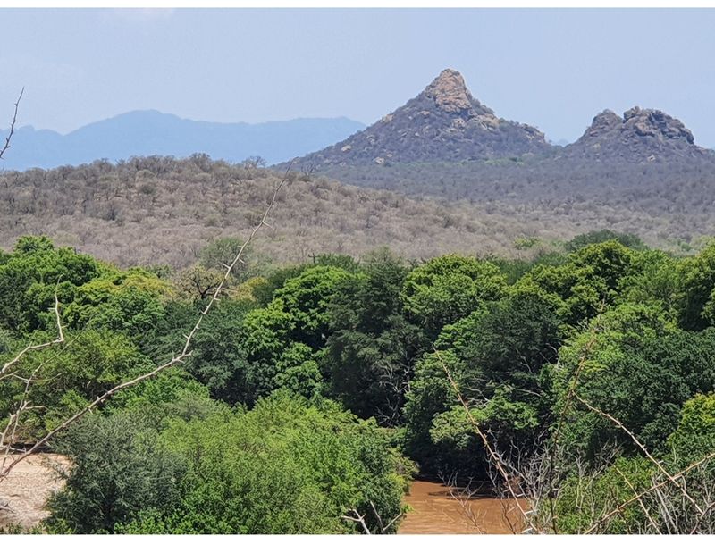 A scenic landscape view featuring lush green vegetation, a river, and prominent rocky mountain peaks in the distance.