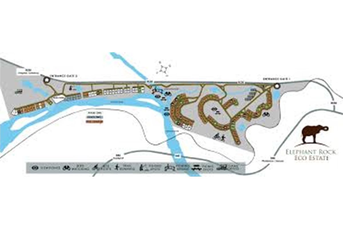 A site layout map for Elephant Rock Eco Estate, illustrating the residential plot distribution, road network, and estate amenities.