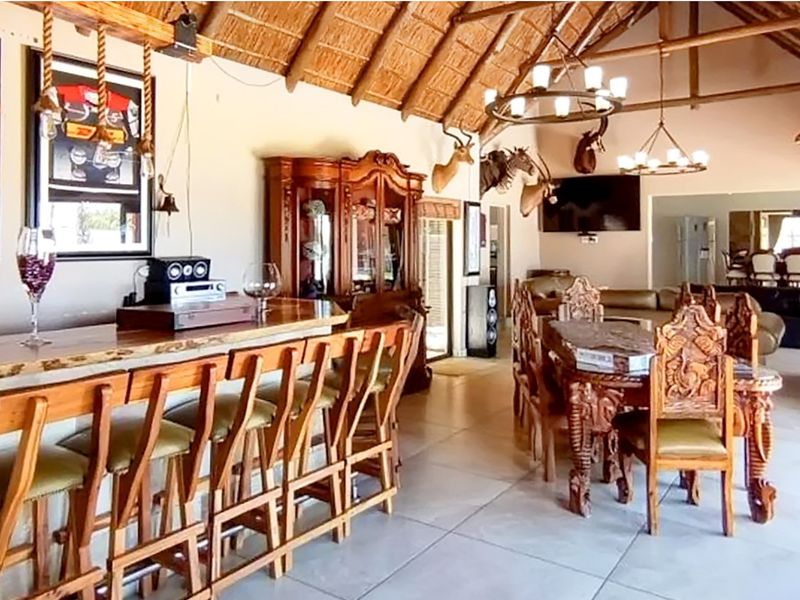 Spacious open-plan living area featuring a built-in bar, high thatched ceilings with exposed timber beams, and tiled flooring throughout.