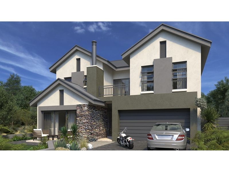 Modern double-story residential home featuring a stone-clad facade, integrated double garage, and a balcony, showcasing contemporary architectural design.
