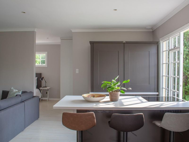 Modern open-plan living area featuring a central kitchen island with integrated cooktop, sleek cabinetry, and abundant natural light from large casement windows.