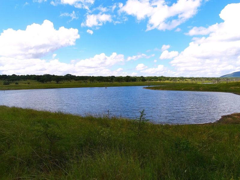 A scenic view of a natural farm dam surrounded by open grasslands and distant hills under a bright blue sky.