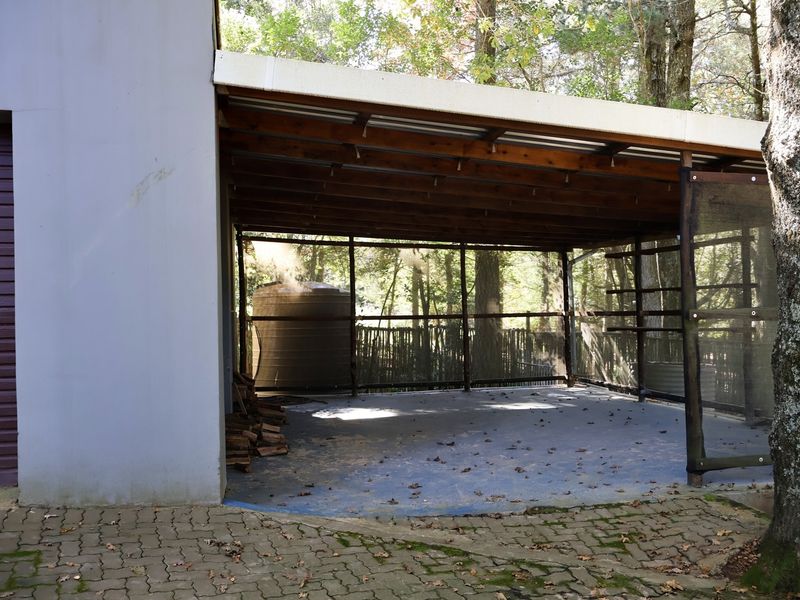 A covered outdoor utility or storage area featuring a timber frame structure, concrete flooring, and adjacent water storage tank.