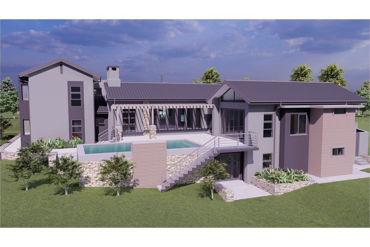 A 3D architectural rendering of a modern residential property featuring a swimming pool, elevated patio, and stone-clad retaining walls.