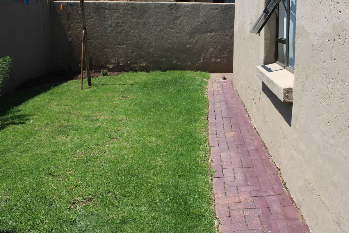 A compact rear garden area featuring a small lawn, paved walkway, and perimeter boundary wall.