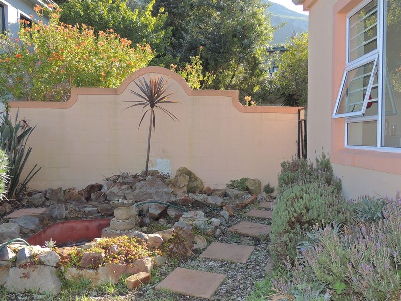 A private rear garden area featuring a small rock-lined pond, stone stepping path, and a decorative boundary wall with established landscaping.