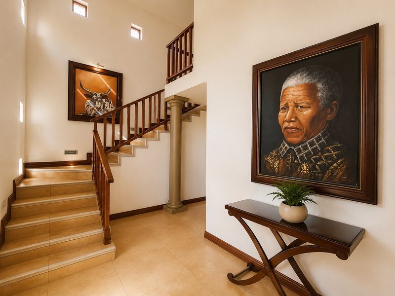 Spacious entrance hall featuring a tiled staircase with a wooden balustrade, high ceilings, and a decorative column.