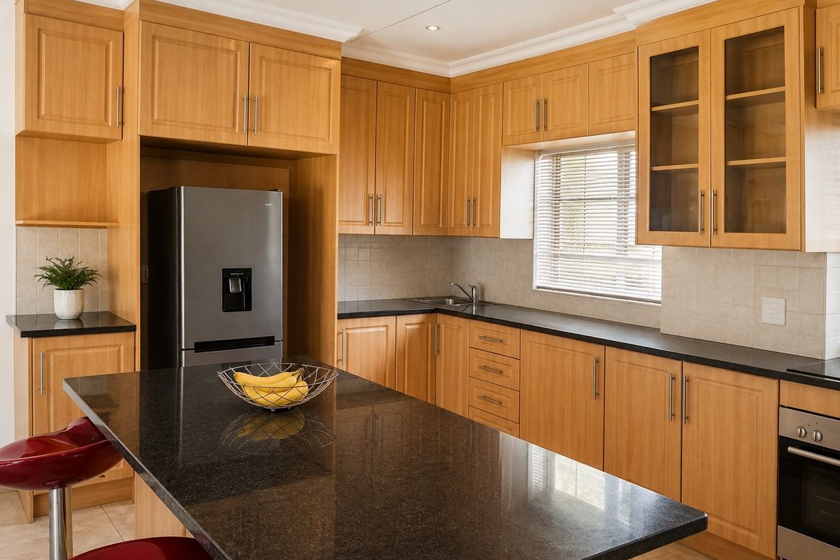 A well-maintained kitchen featuring light wood cabinetry, dark granite countertops, a central island, and integrated stainless steel appliances.