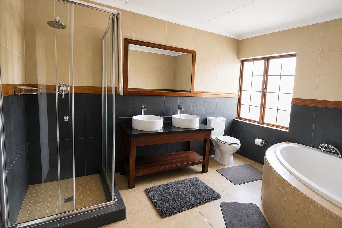 A well-appointed bathroom featuring a double vanity, glass-enclosed shower, built-in bathtub, and modern tiled finishes.