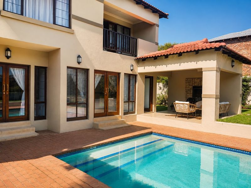 Rear view of the property featuring a swimming pool, brick-paved patio area, and a covered outdoor entertainment space with a built-in fireplace.