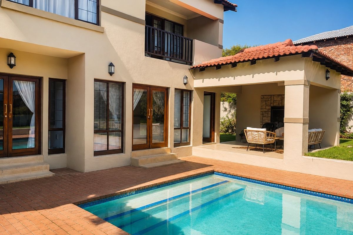 Rear view of the property featuring a swimming pool, brick-paved patio area, and a covered outdoor entertainment space with a built-in fireplace.