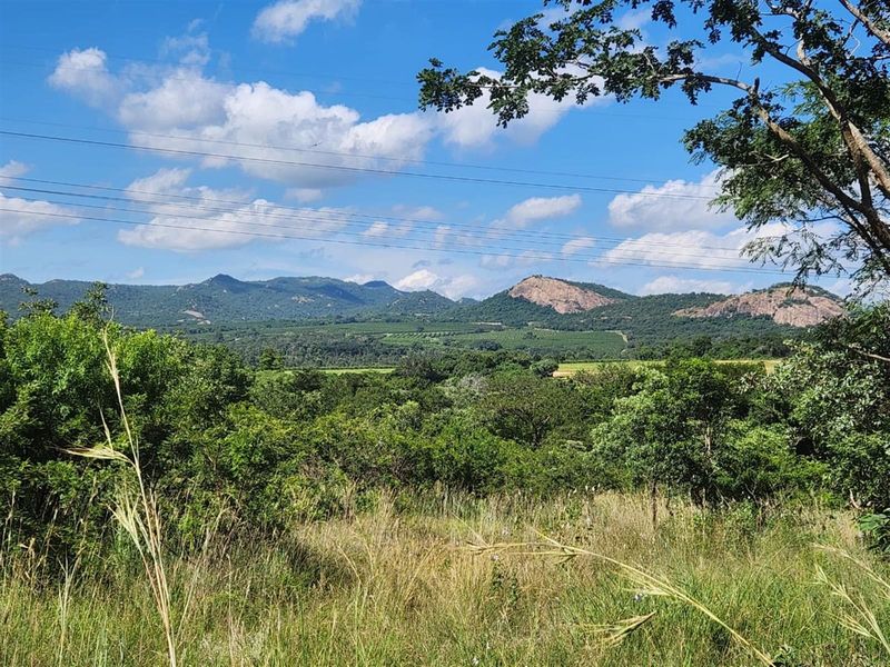 A scenic landscape view overlooking rolling hills, lush green vegetation, and distant rocky mountains under a clear blue sky.
