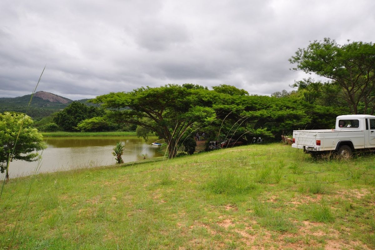 A scenic view of a farm dam surrounded by mature trees and natural grassland under a cloudy sky.